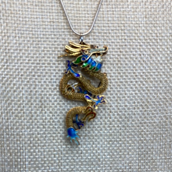 Antique CHINESE DRAGON Gold Gilt 925 Sterling Silver Cloisonné Brooch/Pendant. - Picture 6 of 15